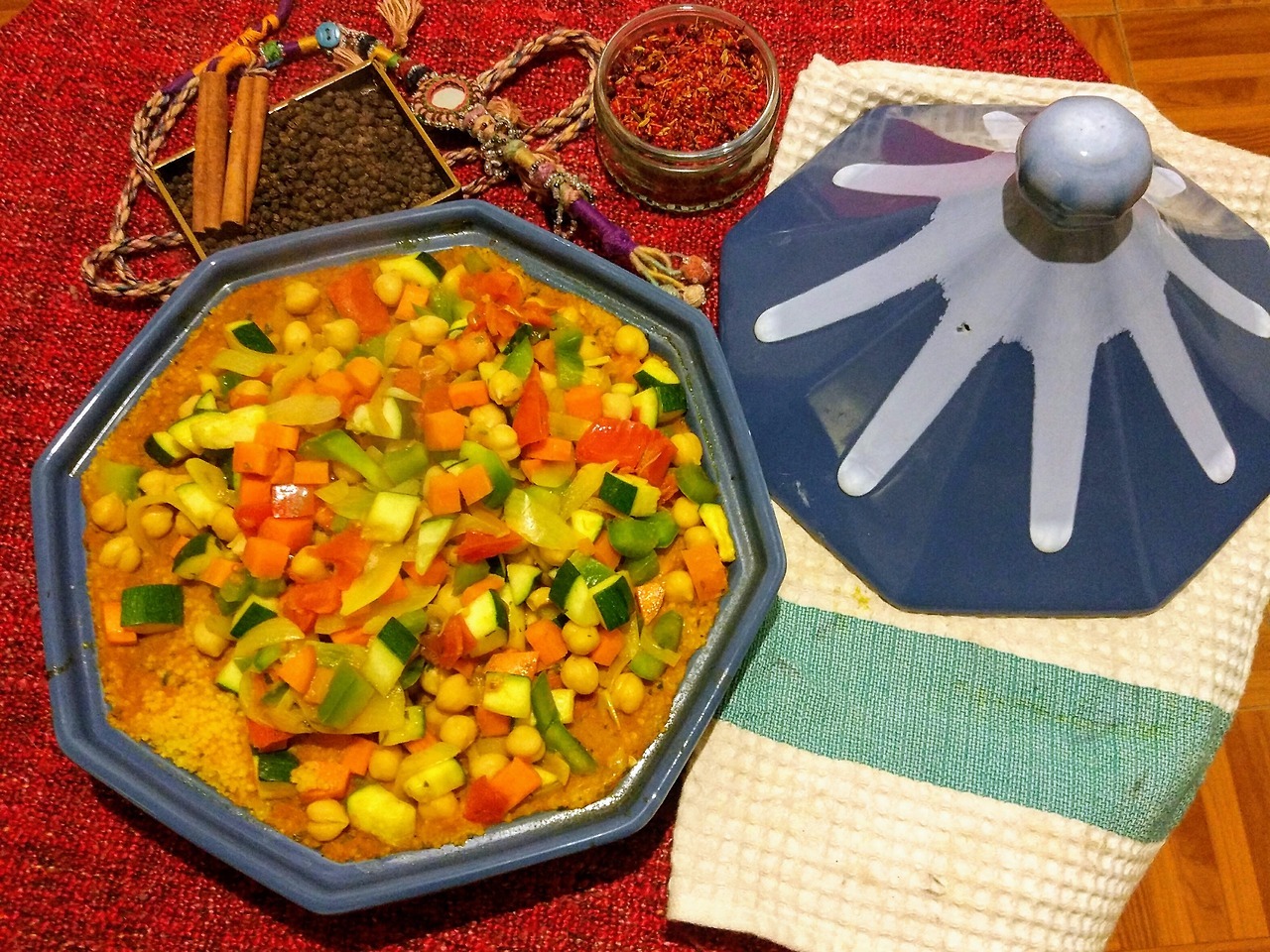 A vegetarian tajine served in its traditional earthenware pot.